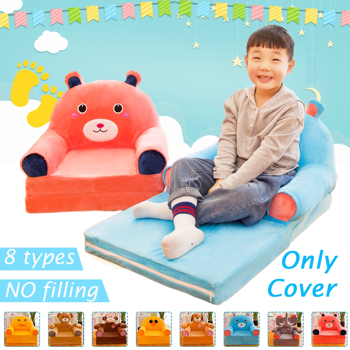Cartoon Cute Foldable Baby Sofa Cover No Filling Baby Seat Lazy Person Chair Toys