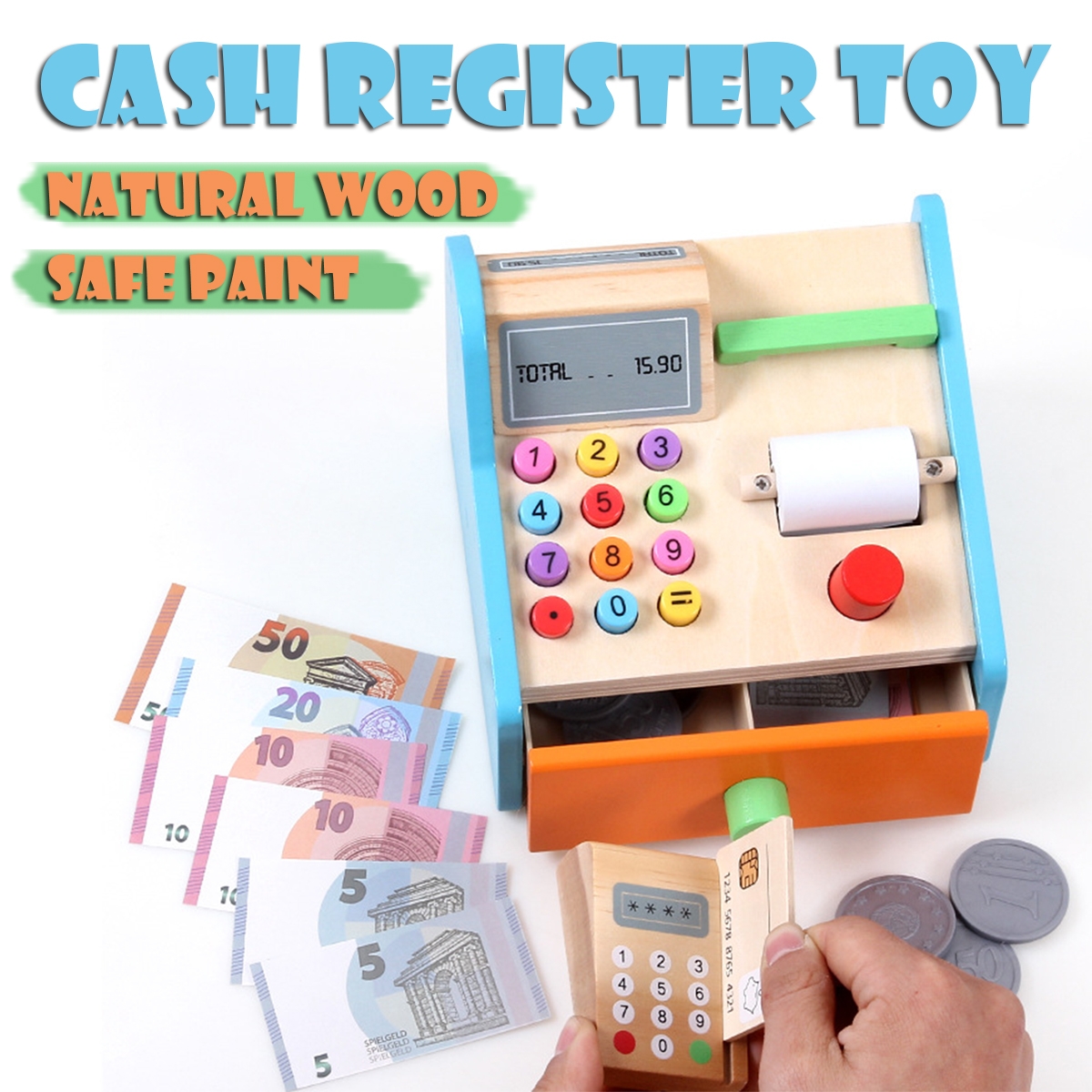 Wooden Cash Register Shop Grocery Checkout Play Game Learn Education Toys for Kids Perfect Gift