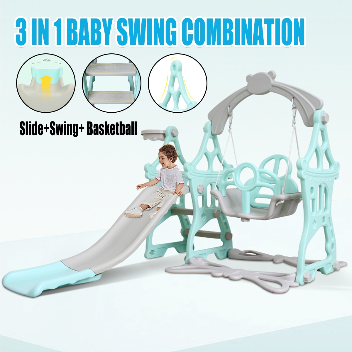 3 IN 1 Large Size Plastic Kids Playground Slide & Swing & Basketball Hoop DIY Assembly Set Toys