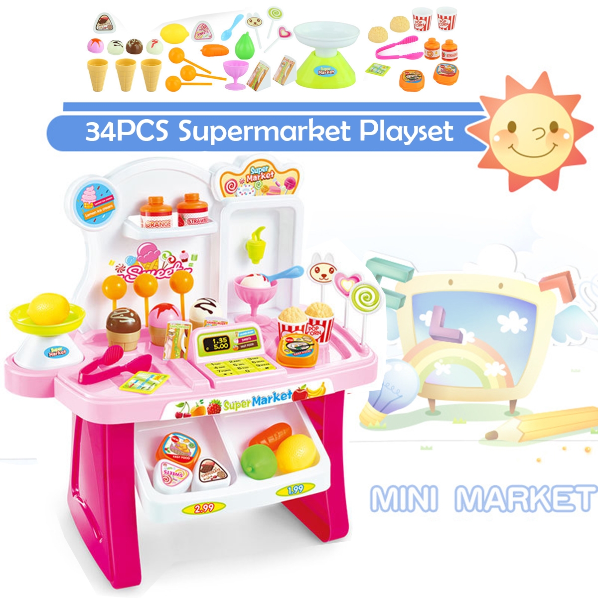 34Pcs DIY Assembly Simulation Mini Supermarket Play Funny Game Set Toys with Sound Light for Kids Perfect Gift