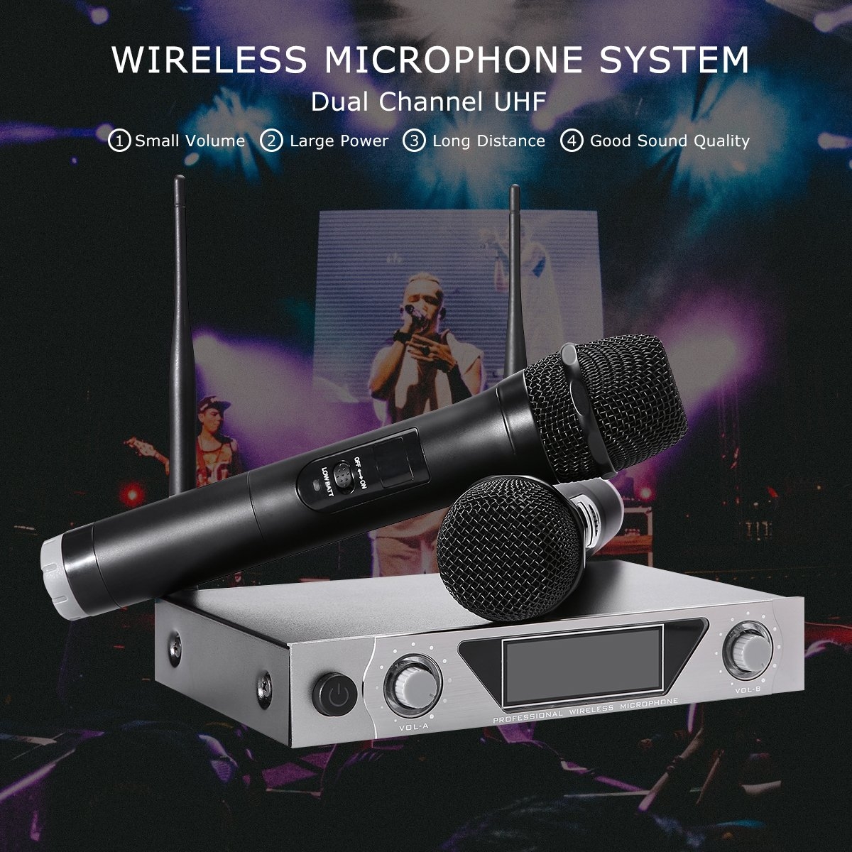 UHF Wireless Microphone System NASUM Dual Channel Wireless Handheld Dynamic Microphones and Portable Receiver, LCD Display Professional Home KTV Set