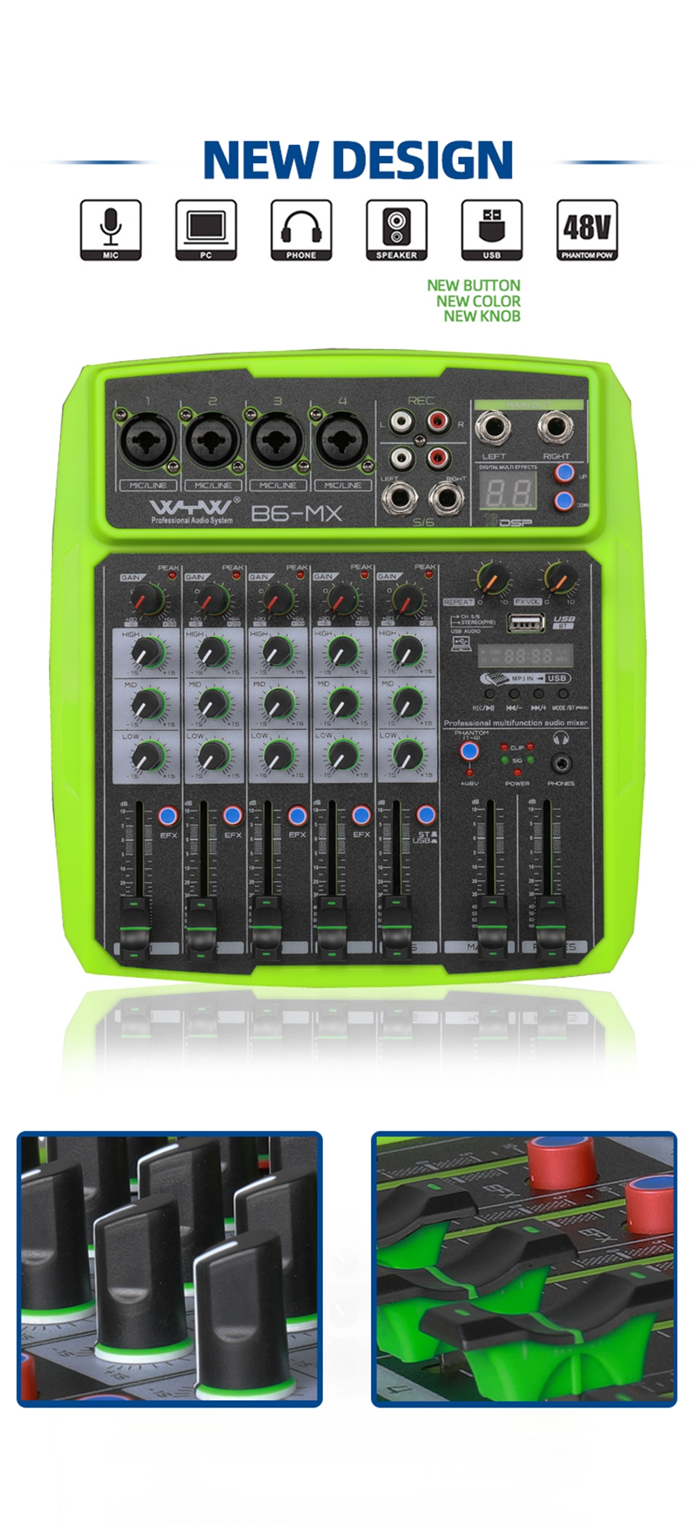 WENYANWEN Mini 2 Channel USB Delay and Repeat Efferts Audio Mixer Console With Channel Volume Contrl