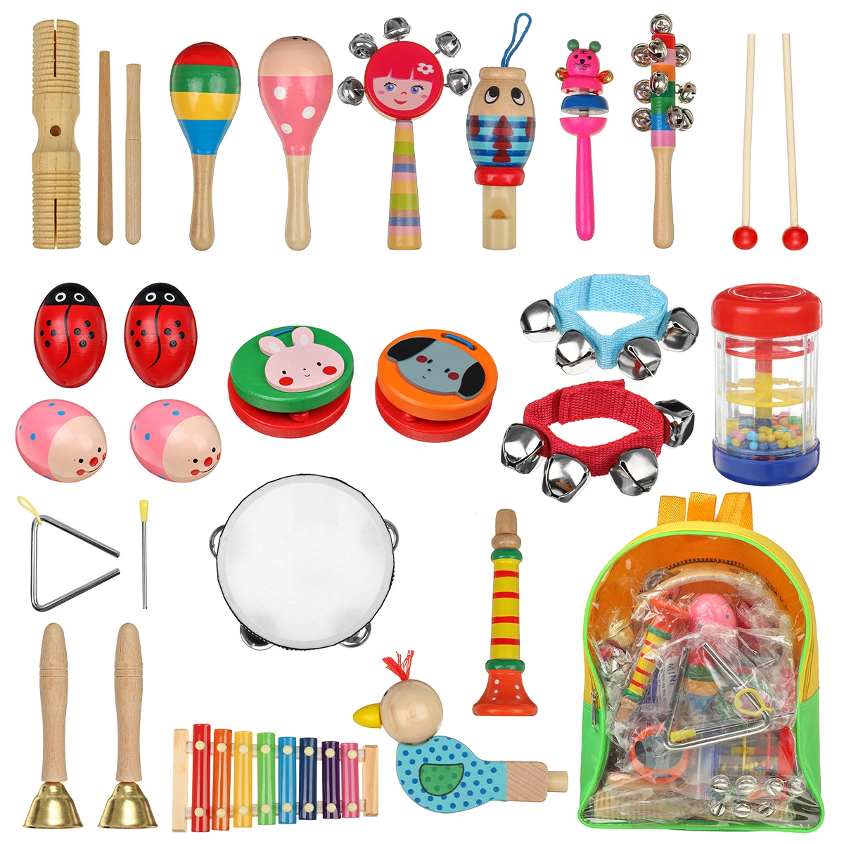 24PCS Wooden Kids Musical Instruments Baby Toddlers Early Education Set Rattles Toys