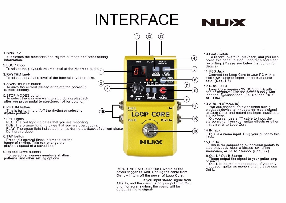 NUX Loop Core Looper Guitar Effects Pedal 6 Hours Recording Time 99 User Memories Drum Patterns TAP Tempo