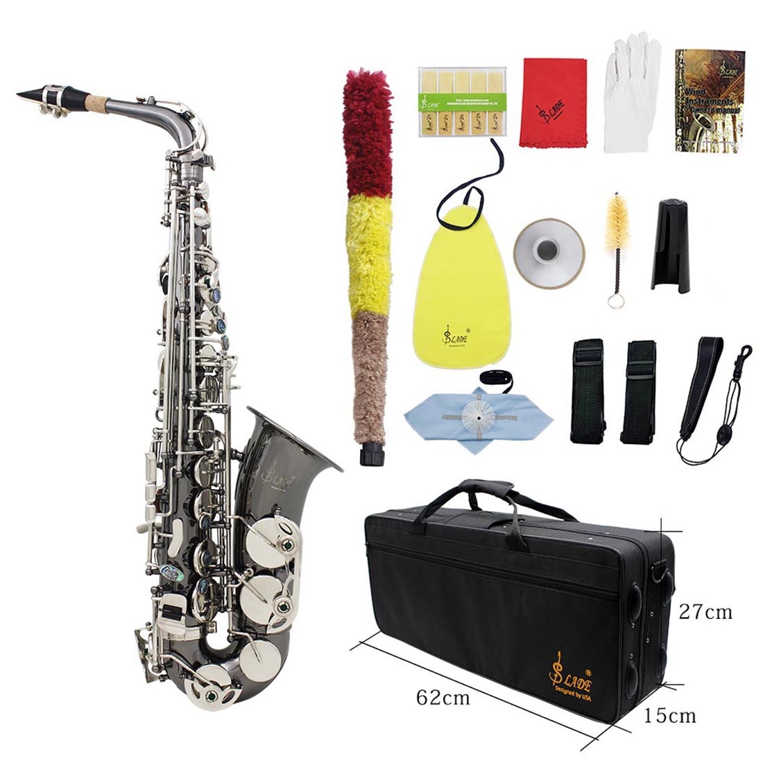 Slade Bend Eb E-flat Alto Saxophone Sax High Quality Brass Black Nickel Plating Abalone Shell Keys Carve Pattern