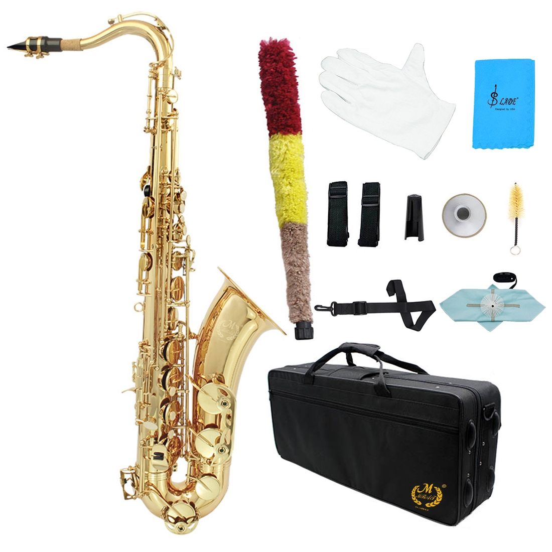 Mebite Brass Bb Tenor Saxophone Sax Carved Pattern Pearl White Shell Buttons Wind Instrument with Case Gloves Cleaning Cloth