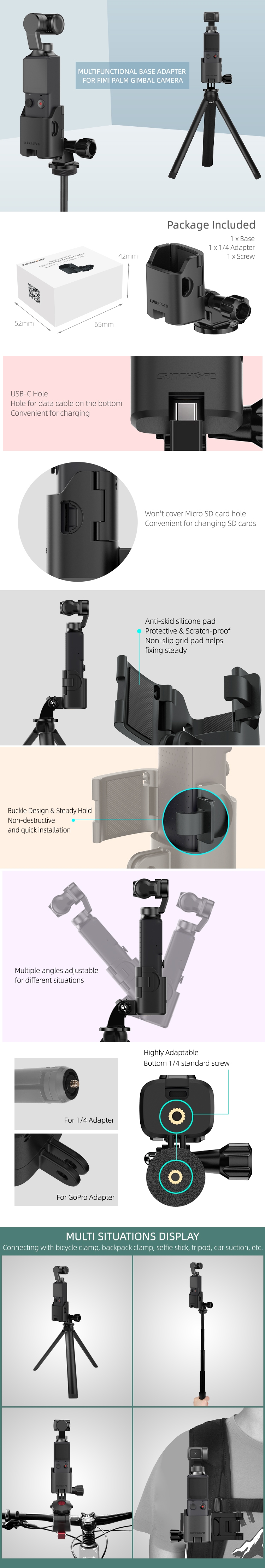 Sunnylife Base Adapter Backpack Clamp Tripod Connecting Accessories for FIMI PALM Gimbal Camera Accessories