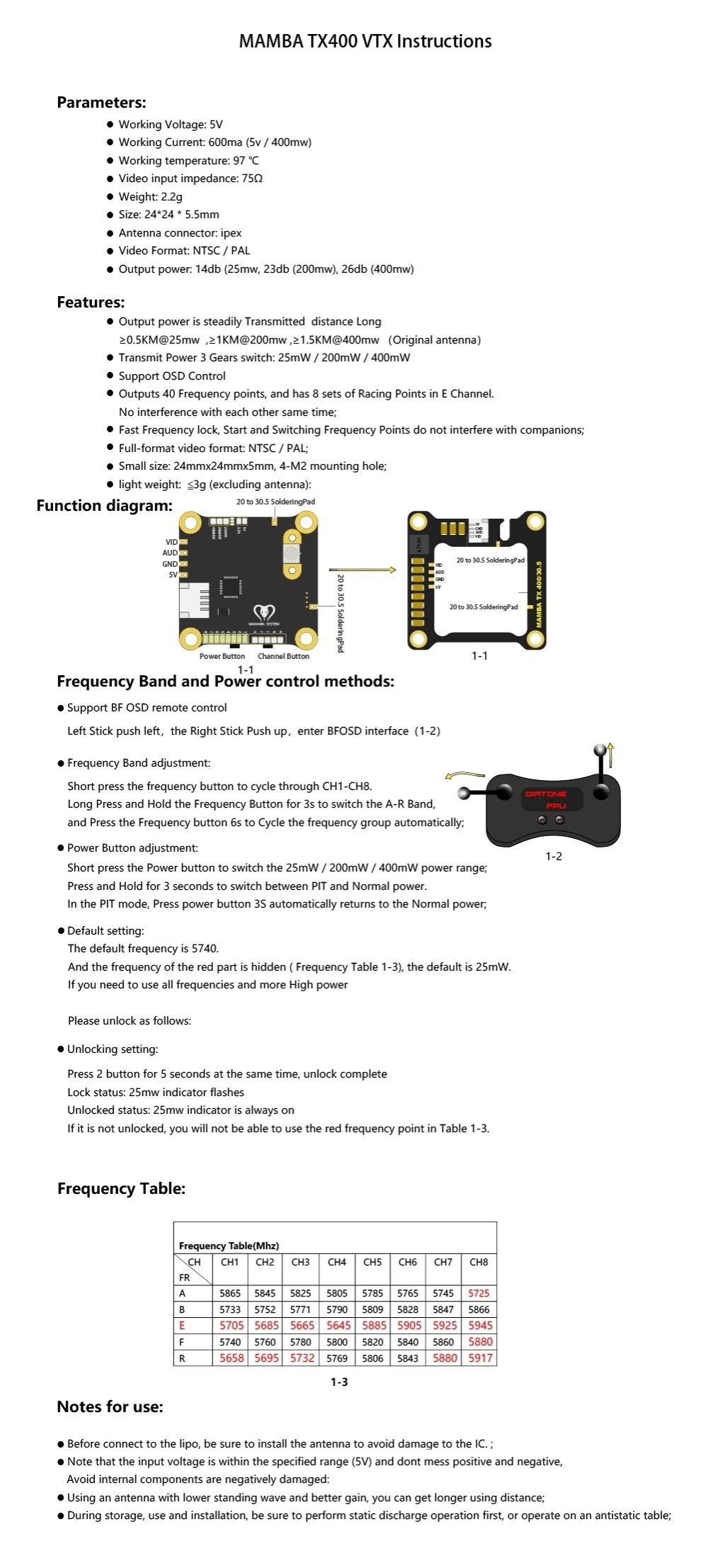 Mamba TX400 25MW/200MW/400MW FPV Video Transmitter Ipex VTX Support OSD Control for FPV Racer RC Drone