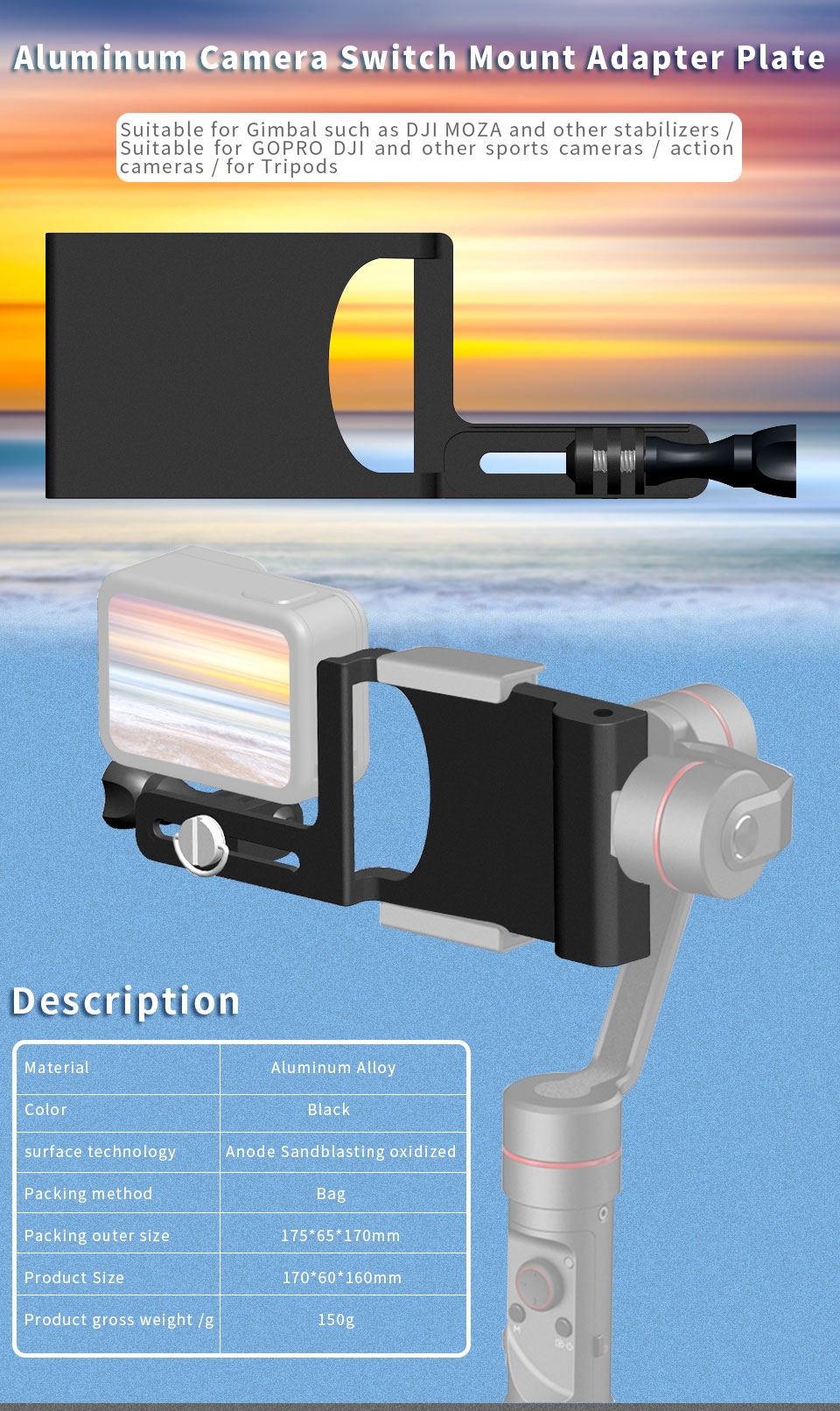 Universal Handheld Gimbal Adapter Action Camera Mount Plate for GOPRO 8 7 6 5 DJI OSMO Action MOZA Feiyu Zhiyun Stabilizer