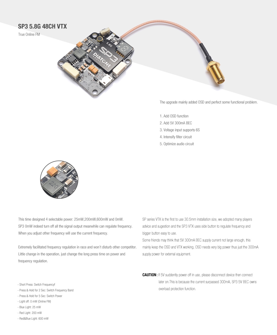 Diatone SP3 5.8G 48CH OSD 0/25/200/600MW Switchable Video Transmitter RaceBand