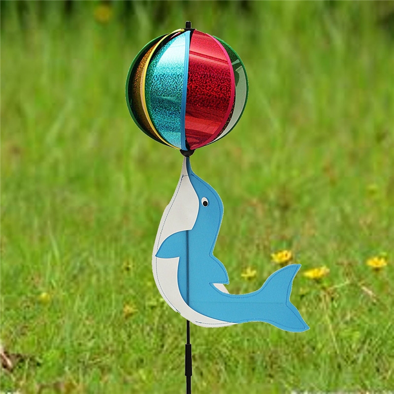 Dolphin Plays Ball Windmill Toy Animal Wind Spinner Whirligig Garden Lawn Yard Camp Decor