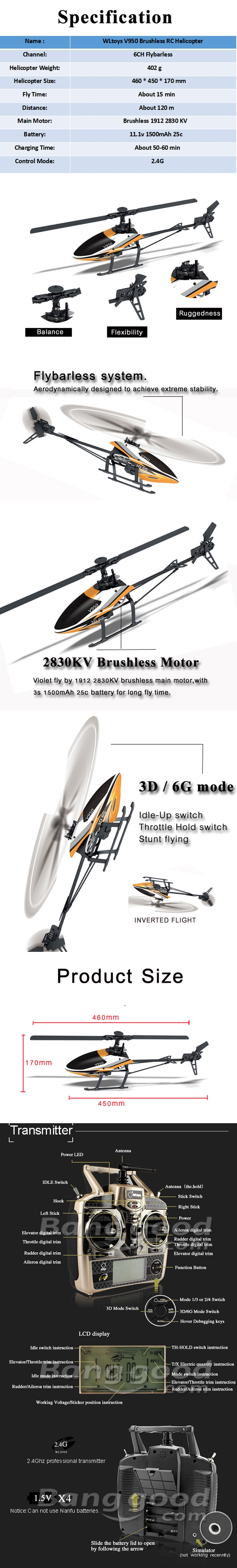 WLtoys V950 2.4G 6CH 3D6G System Brushless Flybarless RC Helicopter RTF  