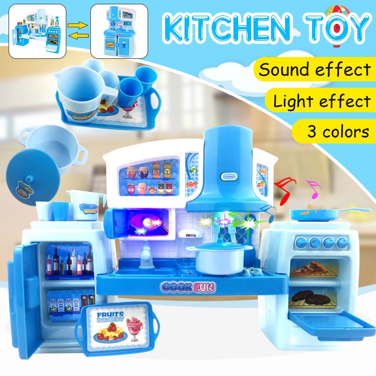 Simulation Role Play Kitchen Rich Cooking Tableware Detachable Cabinet Toy with Sound Light Effect for Kids Gift