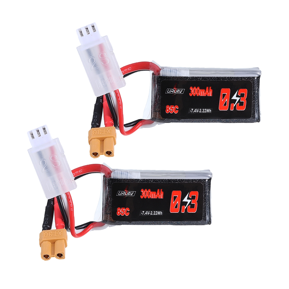 2Pcs URUAV 7.4V 300mAh 85C 2S XT30 Plug Lipo Battery for RC Racing Drone