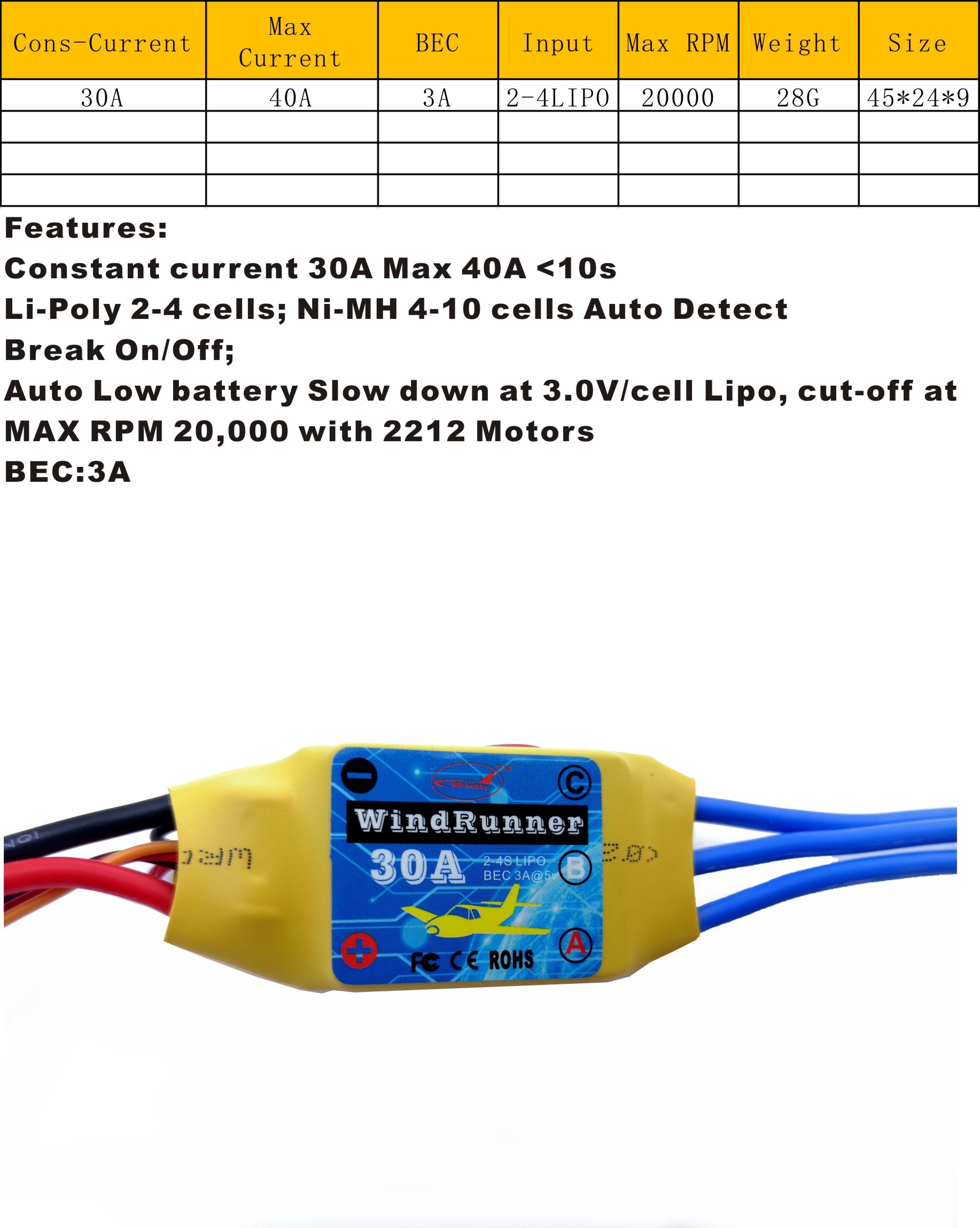 Windrunner RC ESC 70A 50A 40A 30A 20A 10A Support 2212 Brushless Motor 3A/5A BEC Break 2s-7s for RC Fixed Wing