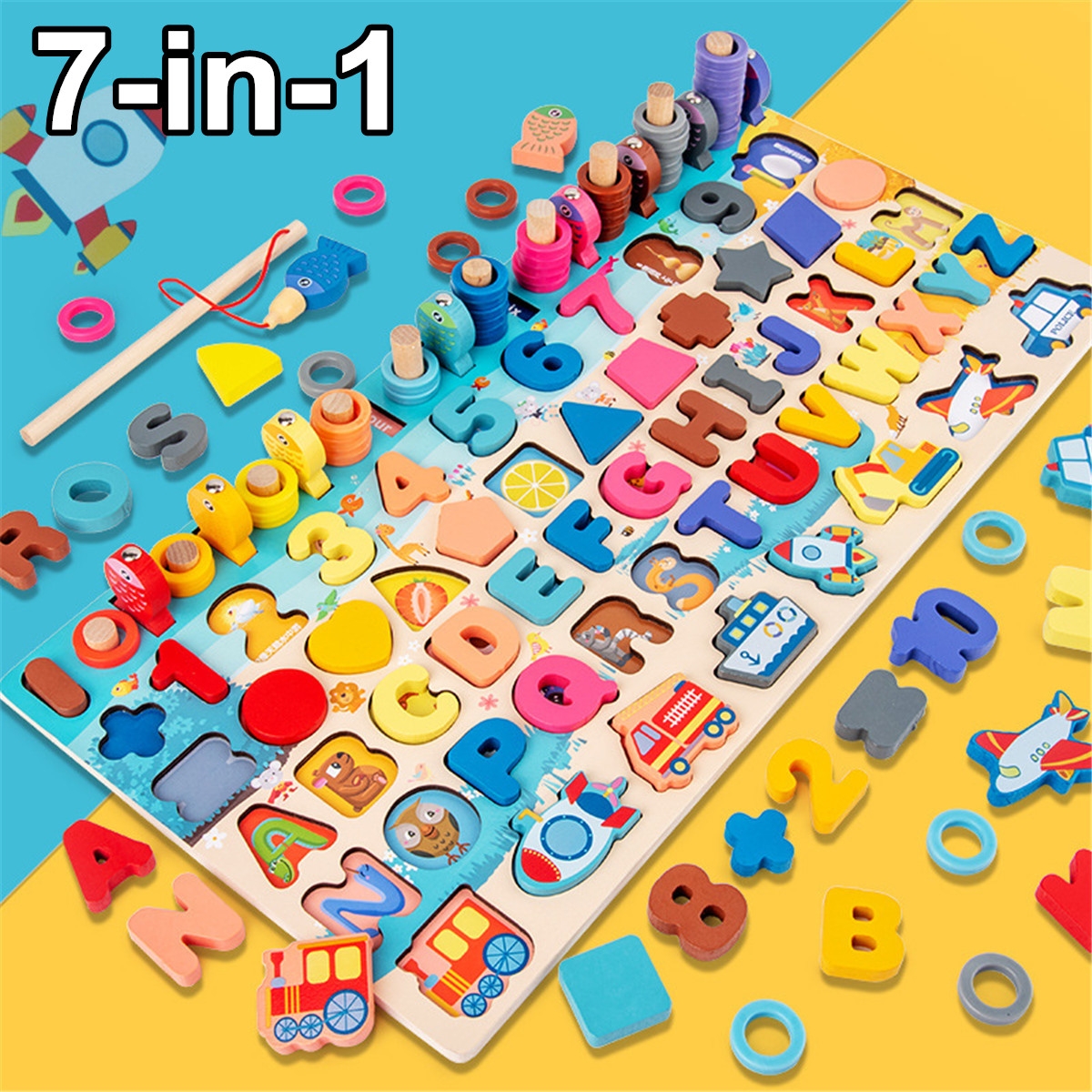 7 IN 1 Multi-Shape Wooden Colorful Jigsaw Puzzle Funny Fishing Early Education Toy for Kids Birthday Present