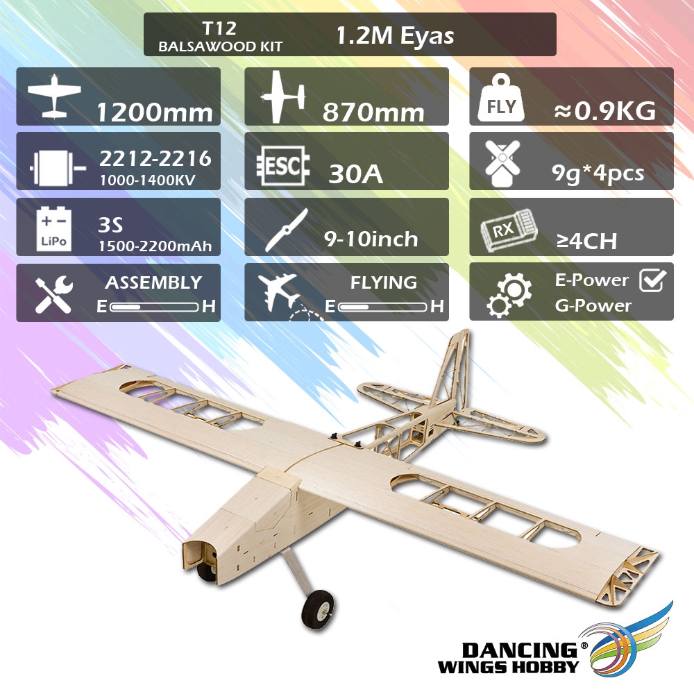 T12 Balsawood 1200mm Wingspan Light Wood RC Airplane KIT/PNP