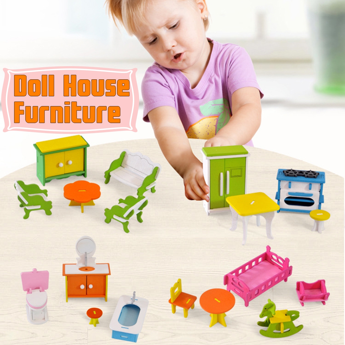 Wooden Colorful DIY Assembly Doll House Furniture Kit Early Educational Learning Toys for Kids Gift