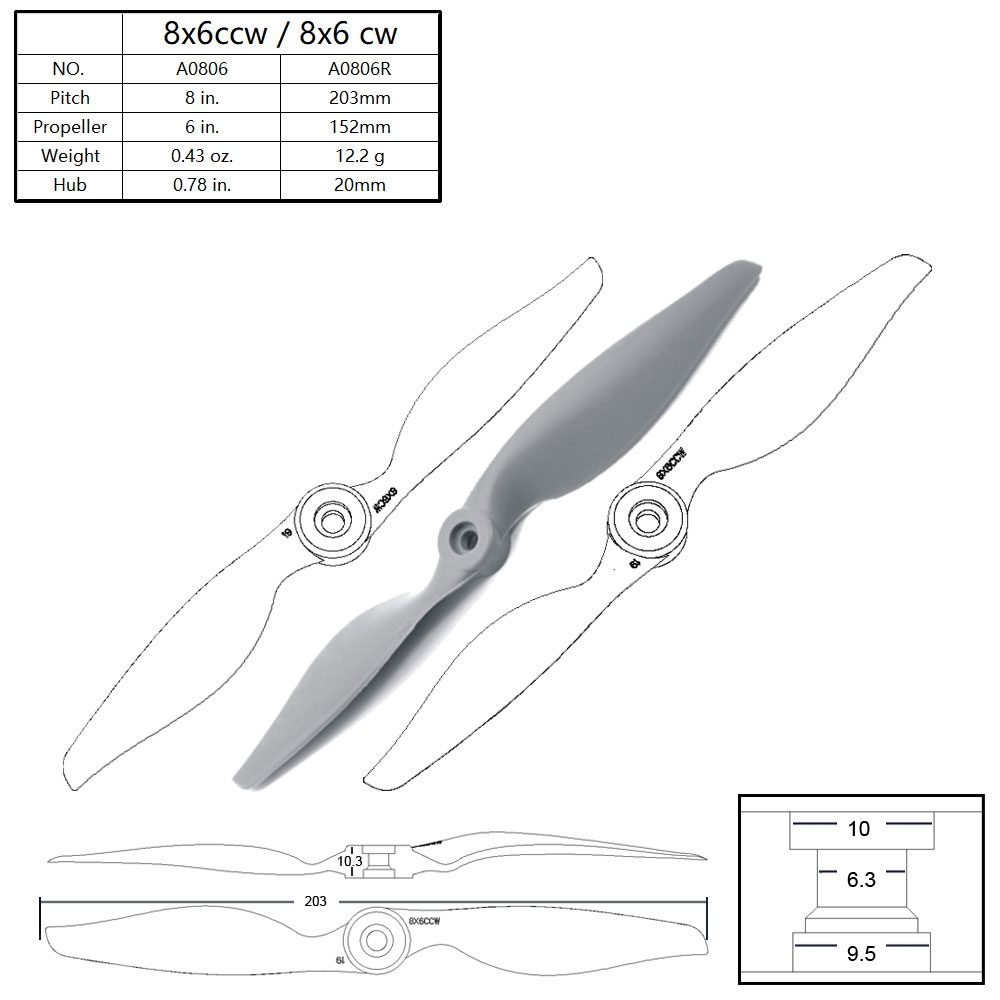APC 8060 8x6 8inch Nylon Propeller Blade CW CCW For RC Airplane Fixed-wing