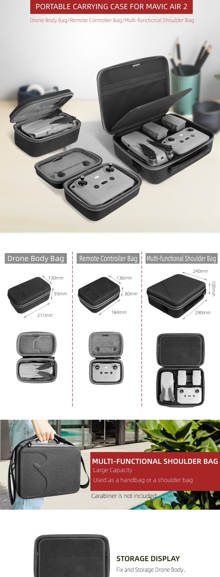 Sunnylife Portable Waterproof Drone Remote Controller Storage Bag Carrying Case Box for DJI Mavic Air 2