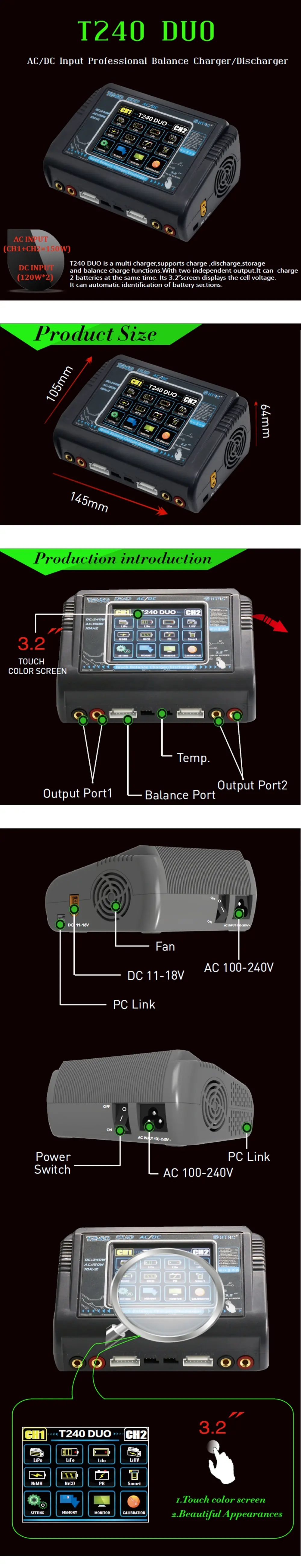 15% OFF for HTRC T240 DUO AC 150W DC 240W 10A Touch Screen Dual Channel Battery Balance Charger