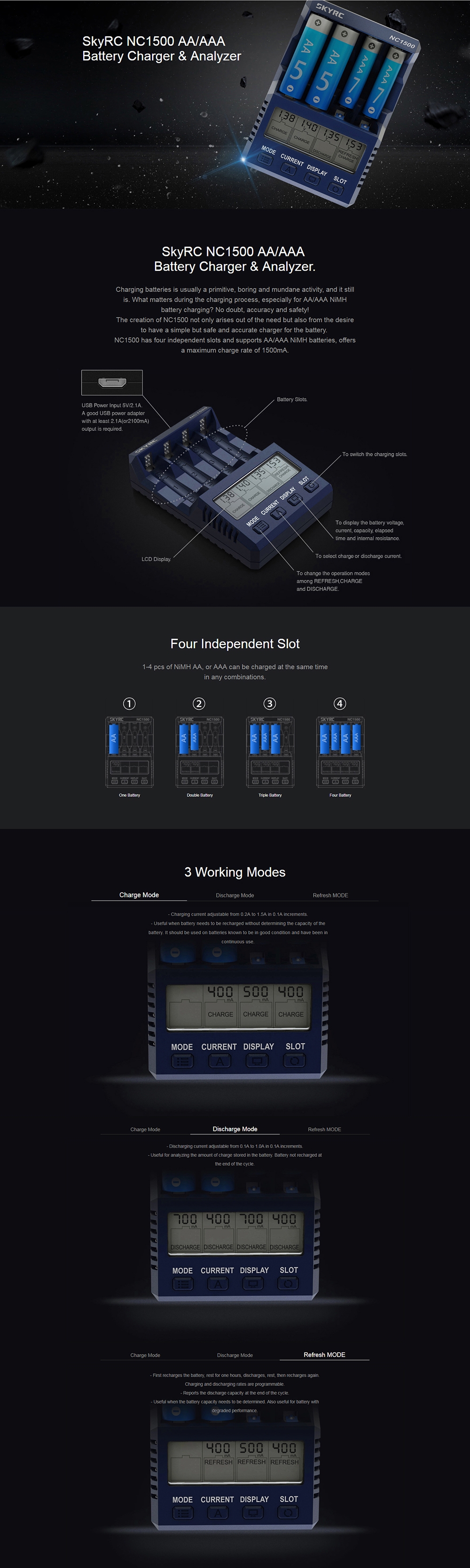 SKYRC NC1500 5V 2.1A 4 Slots LCD AA/AAA NiMH Battery Charger Discharger & Analyzer 