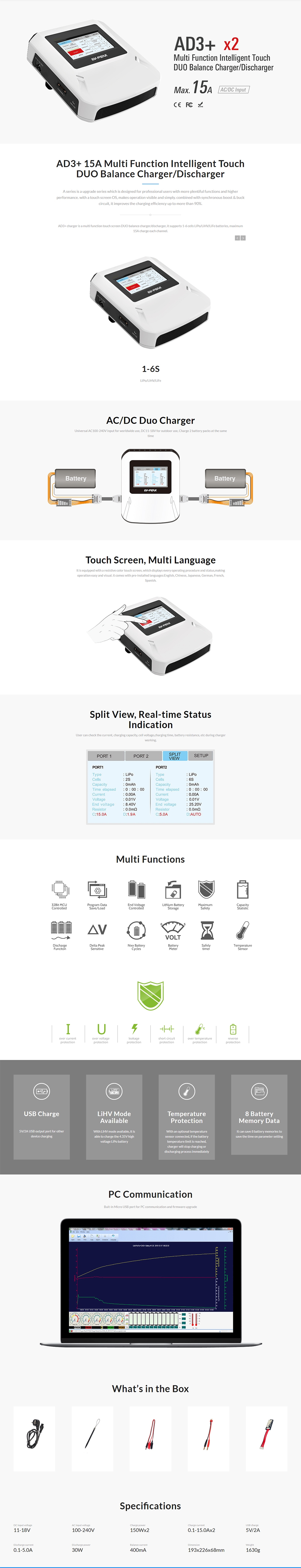 EV-Peak AD3+ 150WX2 15AX2 AC/DC DUAL LCD Touch Screen Balance Charger Discherger for 1-6S Lipo Battery