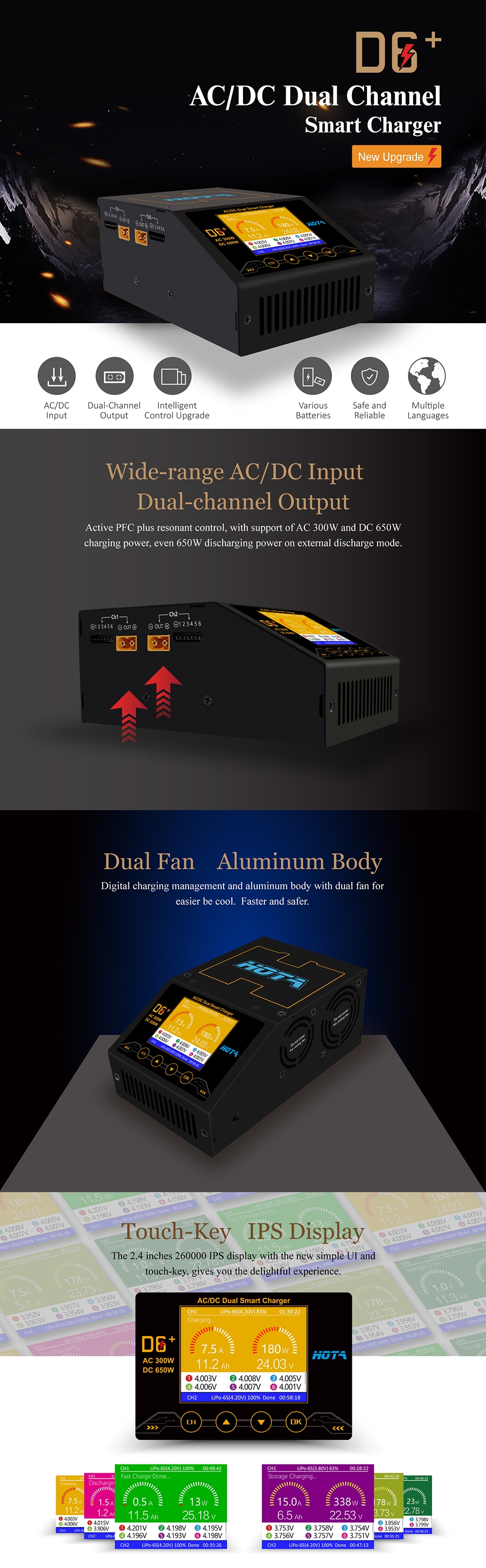 HOTA D6+ AC 300W DC 2X325W 2X15A Dual Channel Smart Battery Charger Discharger