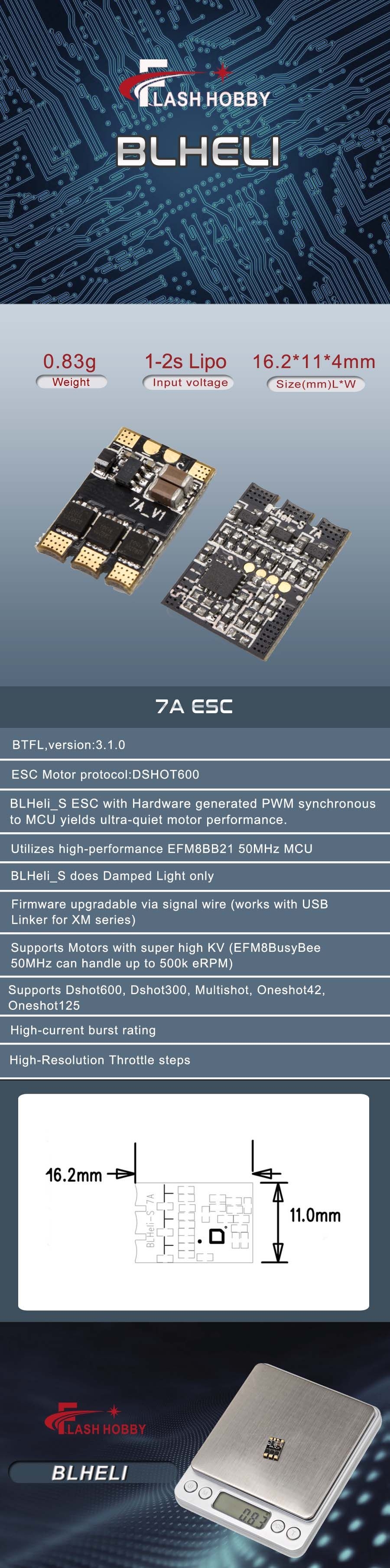 Flashhobby Mini 7A BLHeliS ESC 1~2S Dshot600/Dshot300/Multishot/Oneshot42/Oneshot125 for FPV Racing RC Drone