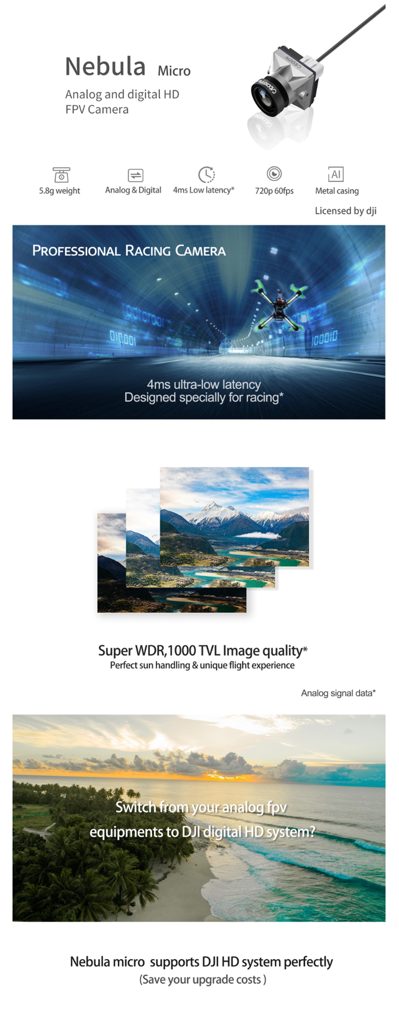 Caddx Nebula Micro 2.1mm 1000TVL 720p/60fps Analog and Digital HD FPV Camera Supports DJI HD System