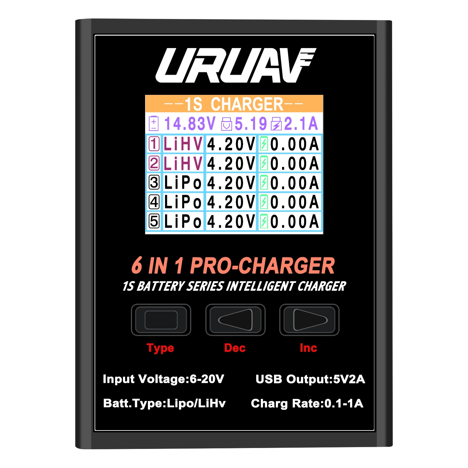 URUAV 6 in 1 PRO 5X4.35W 5X1A Battery Charger for 1S LiPO/LiHv/Li-ion Battery Charger