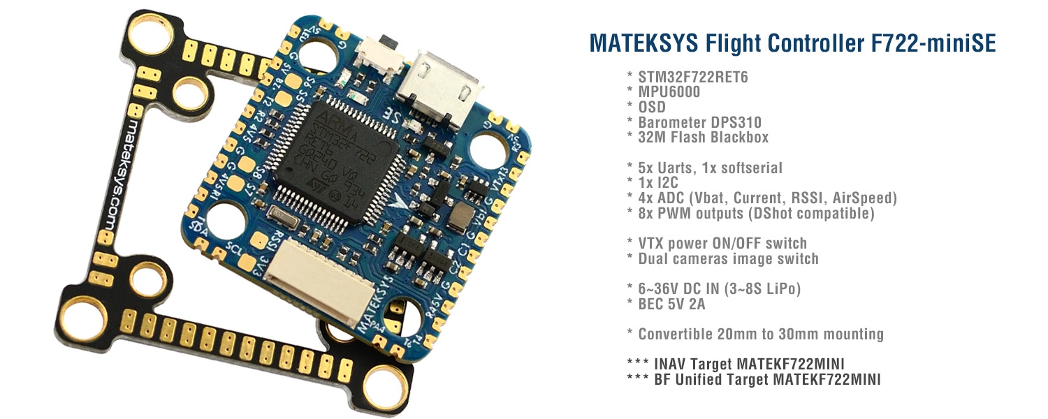 MATEK Systems F722-miniSE Контроллер полета F7 OSD 3-8S 5V / 2A BEC MPU6000 32M Blackbox 20X20 / 30.5X30.5MM для RC Дрон FPV Racing
