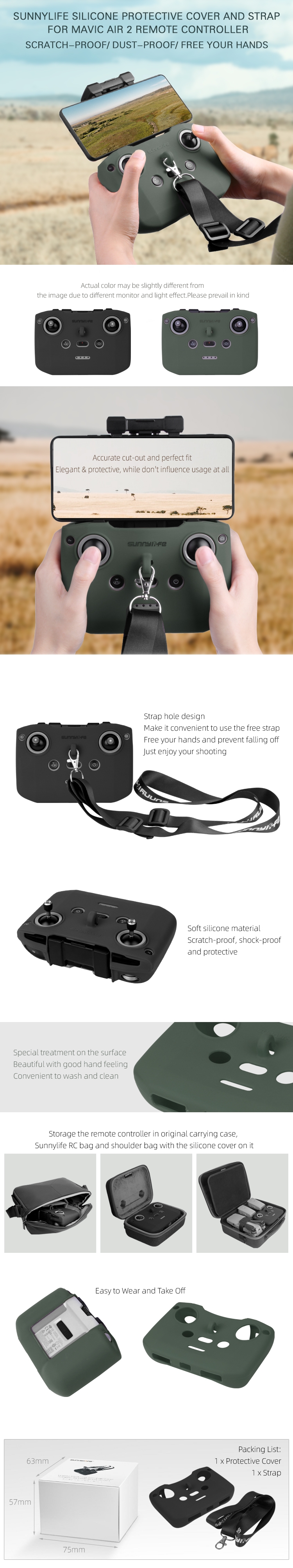 Sunnylife Remote Controller Silicone Protective Cover Sleeve with Lanyard Strap for DJI Mavic Air 2 Drone