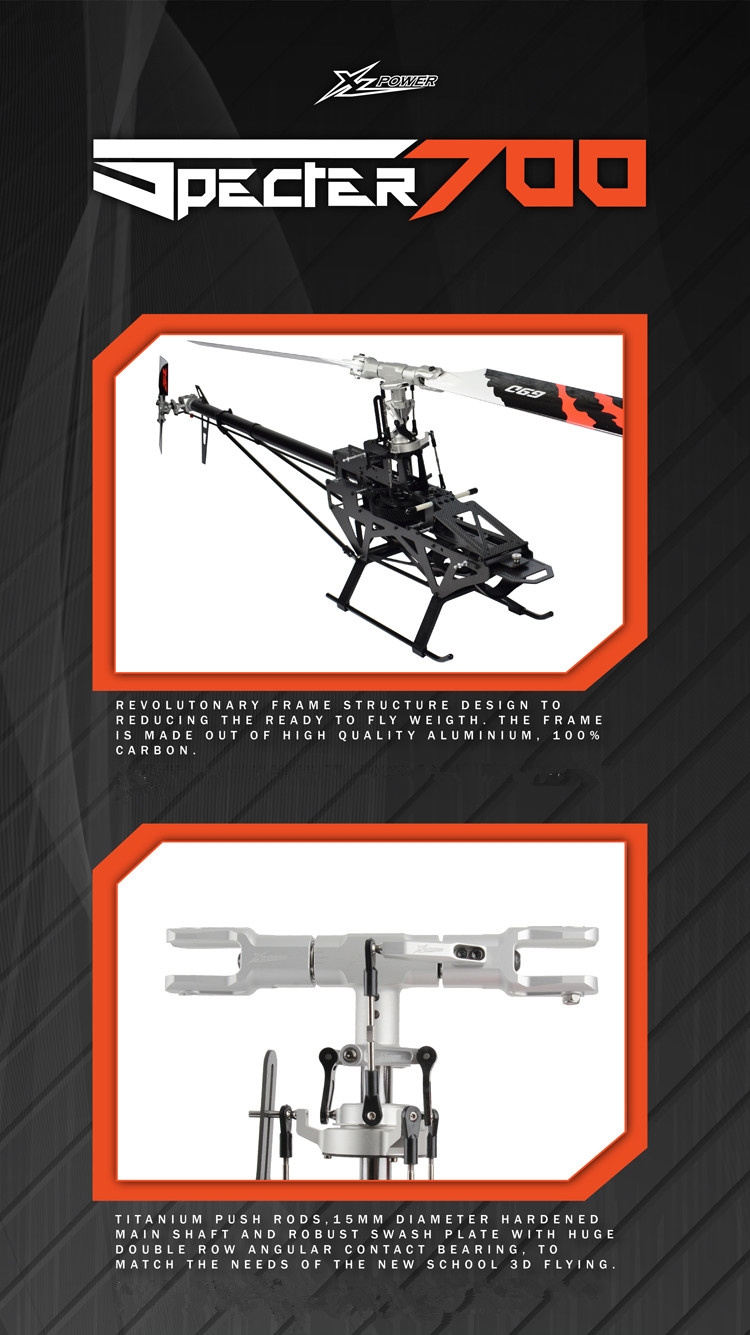 XLPower Specter 700 XL700 FBL 6CH 3D Flying RC Helicopter Kit With Brushless Motor/Main Blade/ Tail Blade