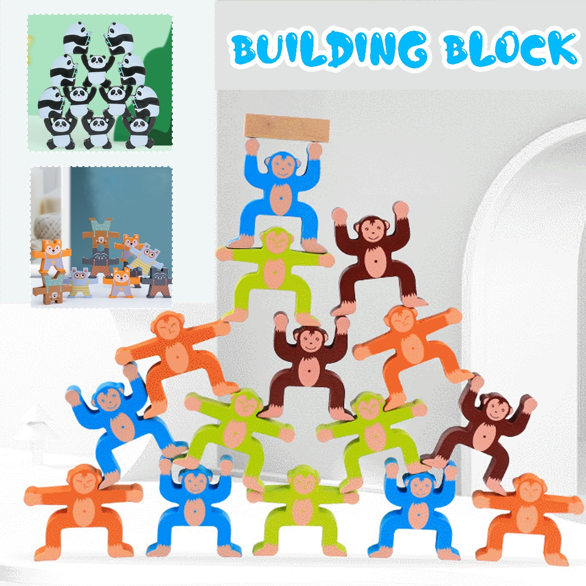 Wood Balancing Stacked Stones Rainbow Monkey/Bear/Panda Hercules Puppet Building Block Montessori Toys for Kids Gift - Photo: 1