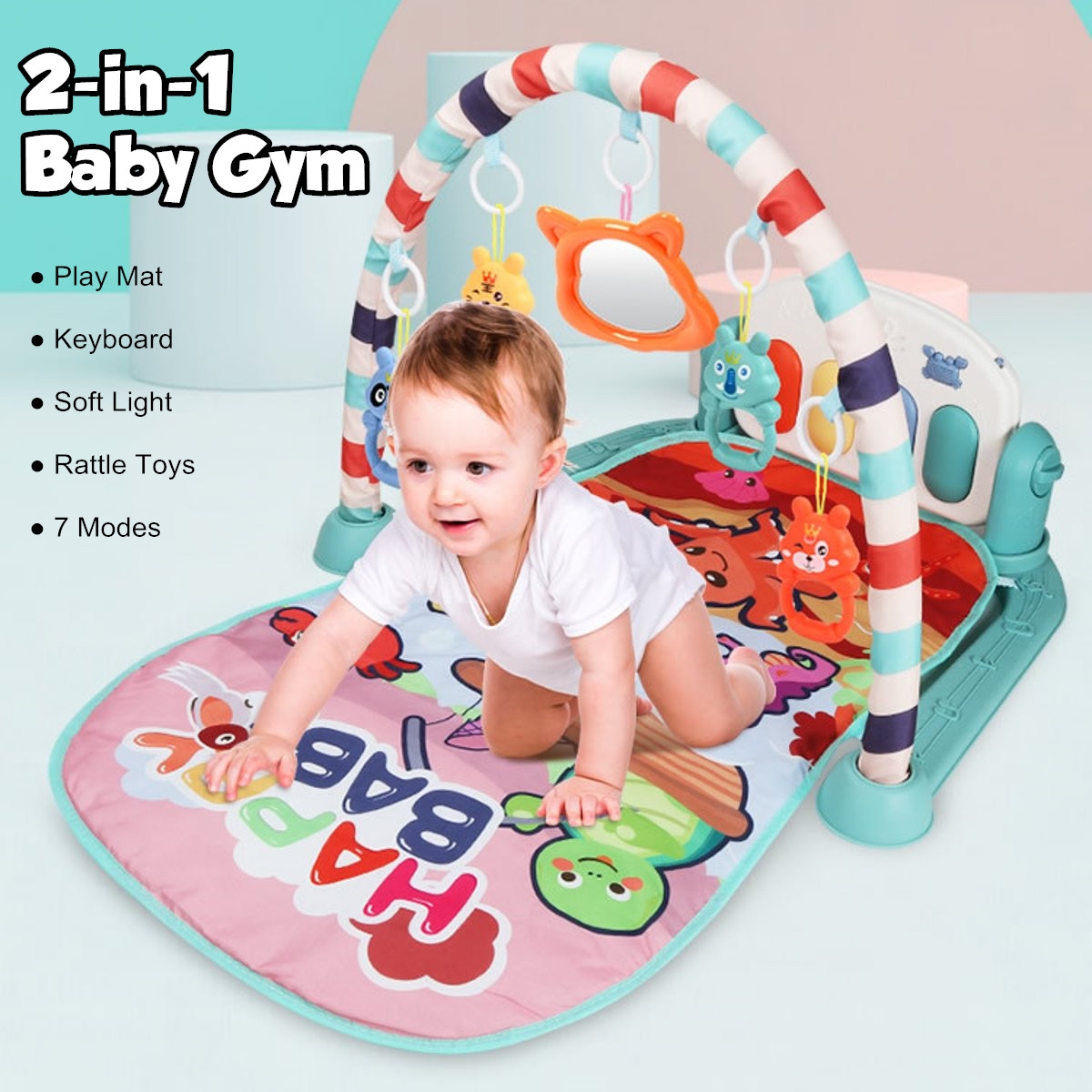 76*56*43CM 2 IN 1 Multi-functional Baby Gym with Play Mat Keyboard Soft Light Rattle Toys for Baby Gift