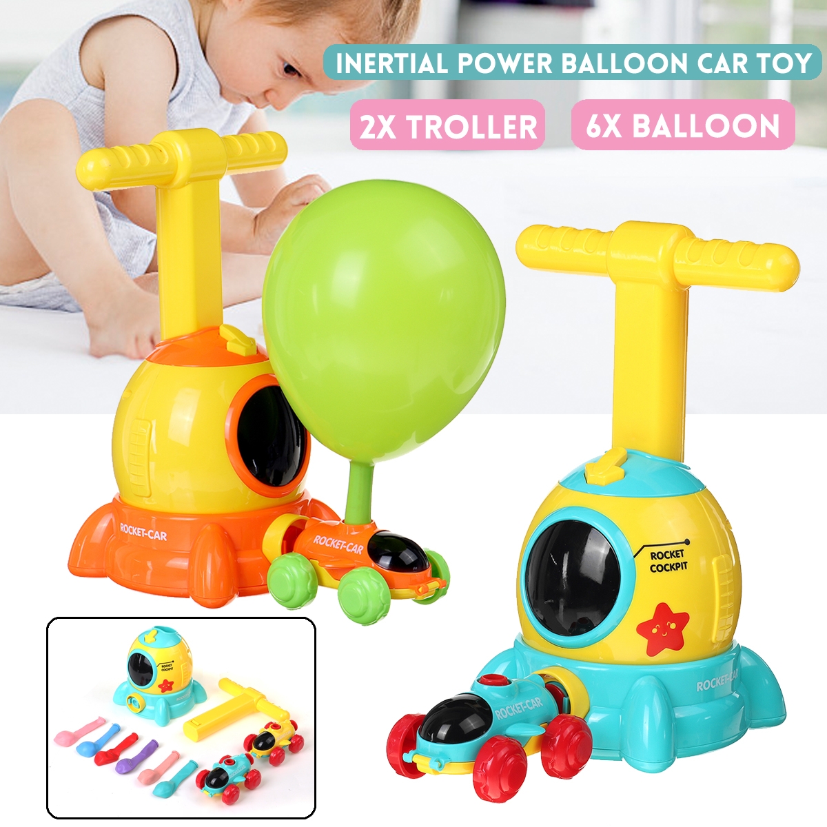 ABS Plastic Inertial Power Balloon Car 6 Balloon Intellectual Development Learning Education Toy for Kids Gift