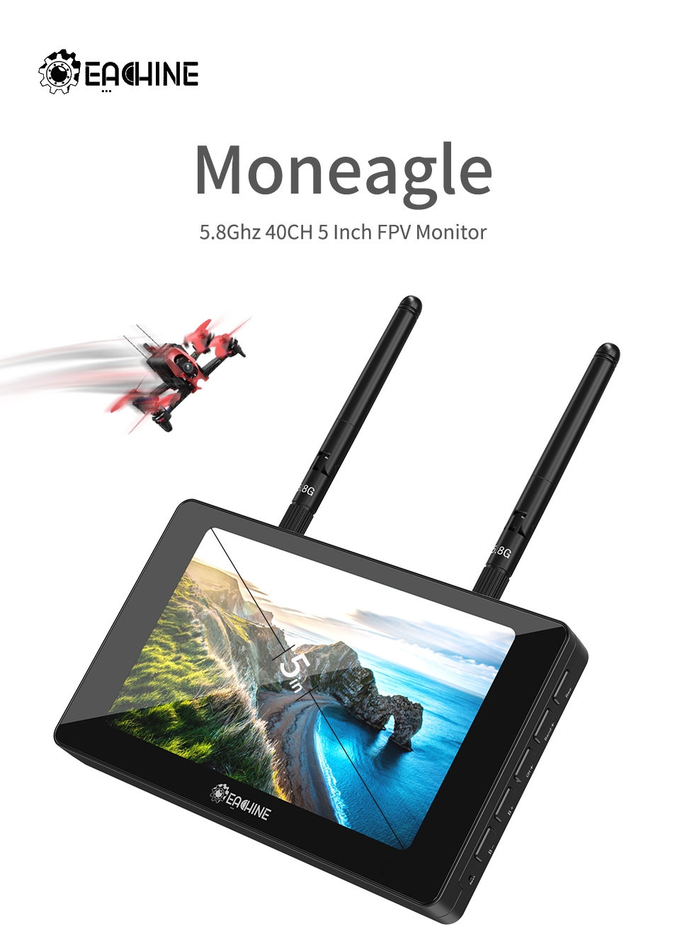 Eachine Moneagle 5 Inch IPS 800x480 5.8GHz 40CH Diversity Receiver 1000Lux FPV Monitor With DVR 360° Full View HD Display Built-in 4000mAh Battery For RC Drone Radio Controller