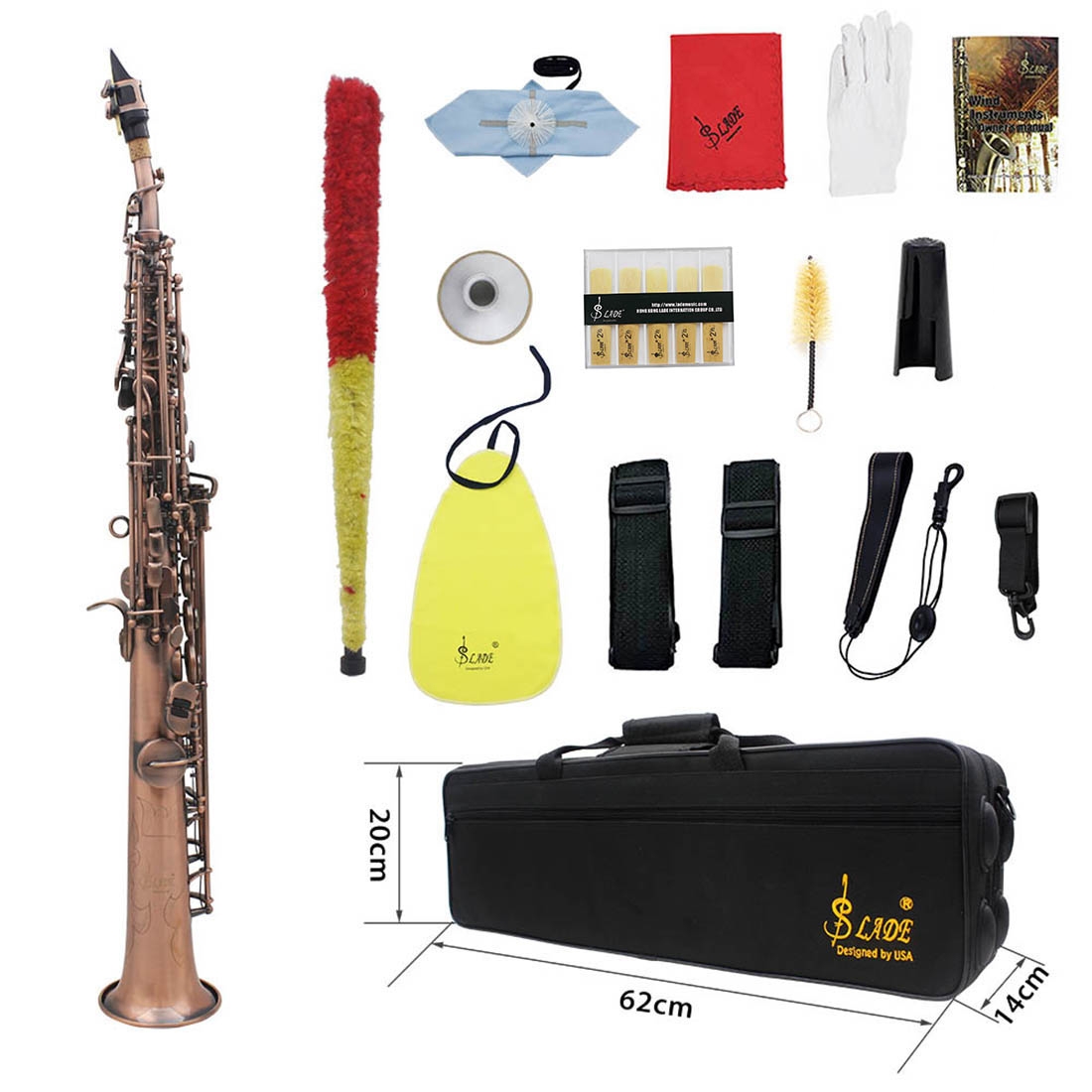 SLADE Red Bronze Straight Bb Soprano Saxophone Sax Woodwind Instrument Abalone Shell Key Carve Pattern with Case Gloves Cleaning Cloth Straps Brush
