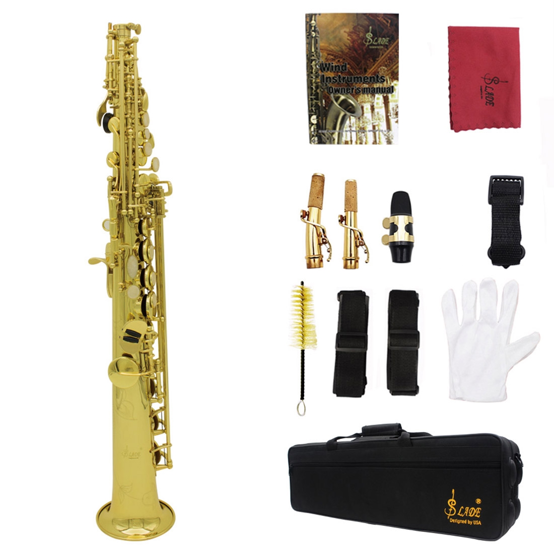 Brass Straight Soprano Sax Saxophone Bb B Flat Woodwind Instrument Natural Shell Key Carve Pattern with Carrying Case