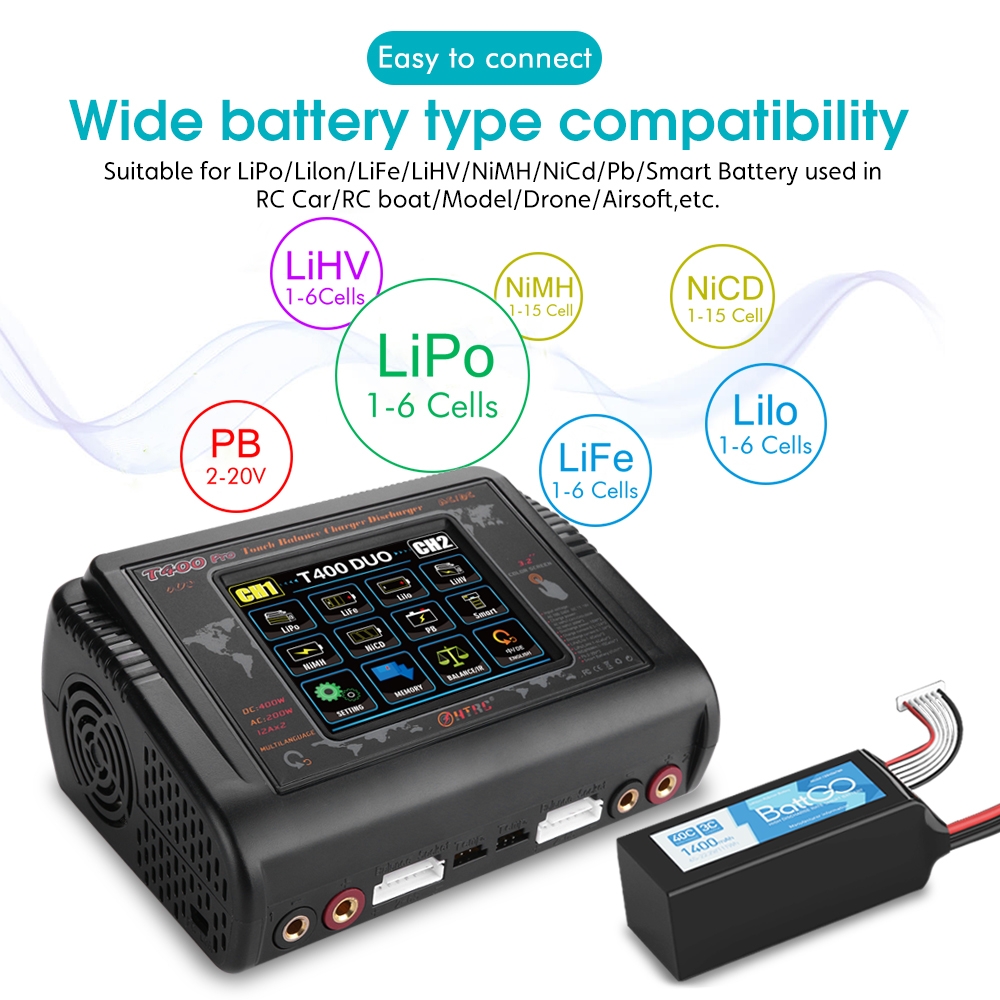 HTRC T400 Pro DC 400W AC 200W 12AX2 Lipo Battery Charger Discharger for LiPo LiHV LiFe Lilon NiCd NiMh Pb Battery