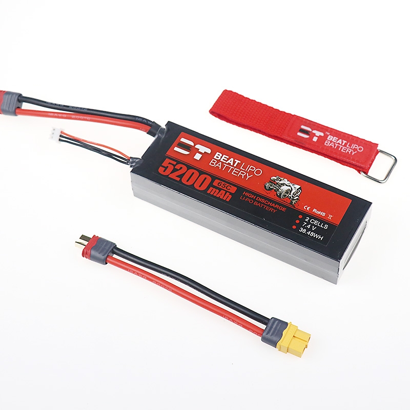 BT BEAT 7.4V 5200mAh 65C 2S Lipo Battery T Plug with XT60 Plug Adapter Cable Hard Case for RC Car