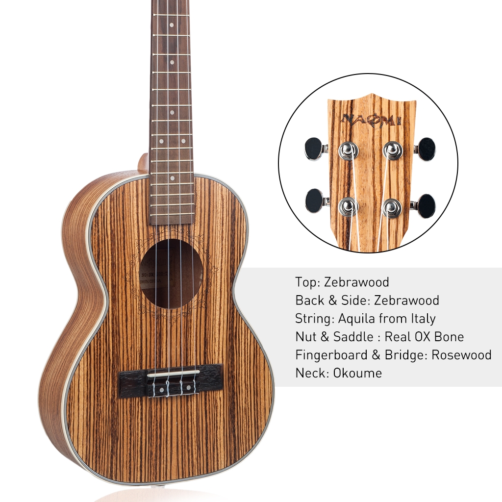 NAOMI 21/23/26 Inch 15 Fret 4 Strings Zebrawood Acoustic Guitar Ukelele Musical Stringed Instrument