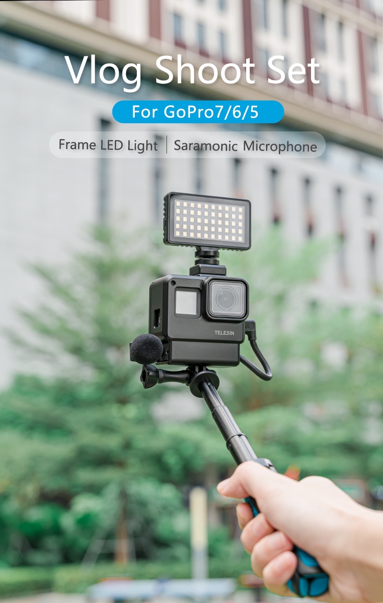 TELESIN Protective Frame Case LED Light Saramonic Microphone Vlog Shoot Set For GoPro Hero 7/6/5 FPV Action Camera