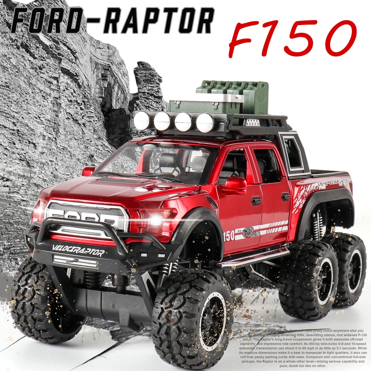 1:28 Alloy Foro-Raptor F150 Pull Back Motor 4 Door Open Diecast Model Car Toys with Sound Light for Collection Gift