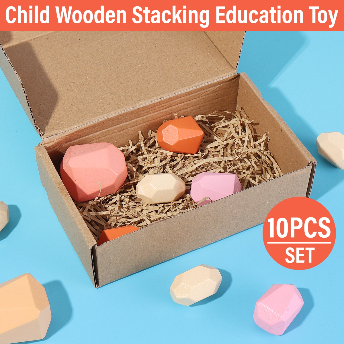 10 Pcs Children Wood Colorful Stone Stacking Game Building Block Education Set Toy