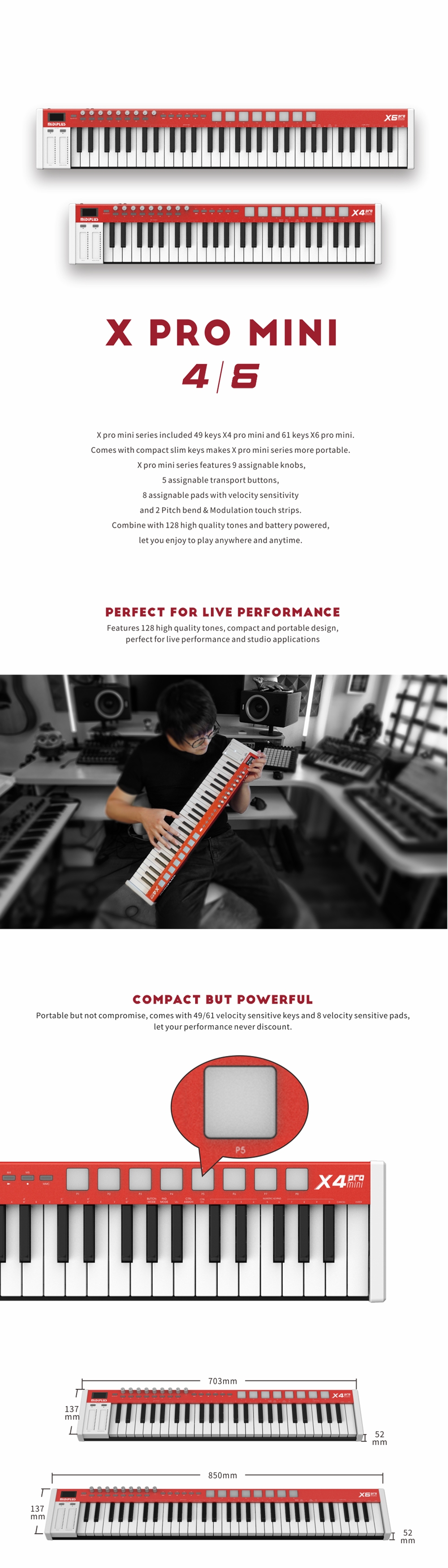 X Pro Mini 4/6 49/61 Keys 24-bit 128 Tones 8 Pads USB MIDI Keyboard Controller