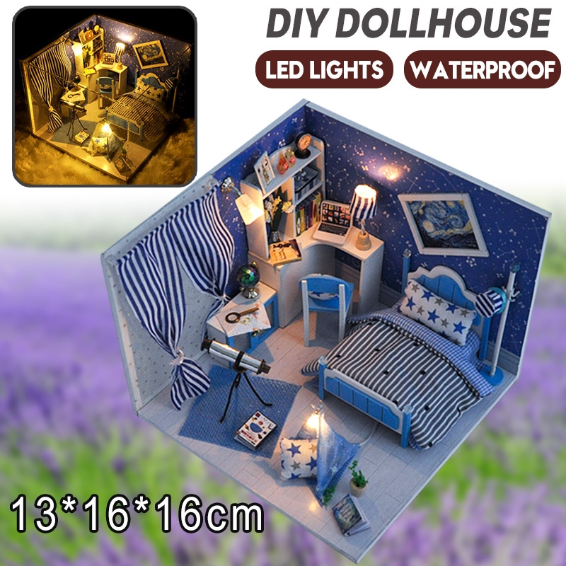 Wooden DIY Handmade Assembly Doll House with LED Lighs Dust Cover for Kids Gift Collection Home Display
