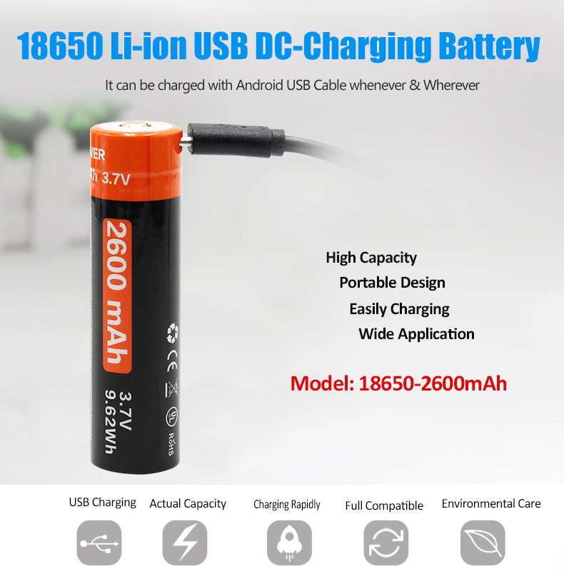 Doublepow 18650 3.7V 2600MAH High Capacity Li-ion Battery Portable USB DC Charging Rechargeable Battery for Flash LED Gimbal RC Models Car