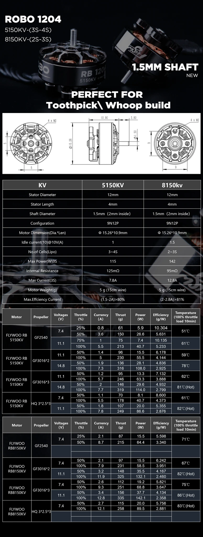 Flywoo ROBO RB 1204 5150KV 3-4S / 8150KV 2-3S Brushless Motor 1 PC for toothpick Whoop RC Drone FPV Racing